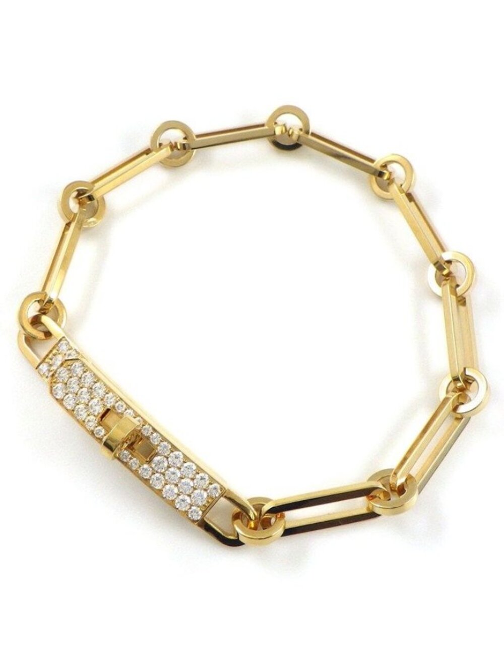 Hermes Bracelet Kelly Oval Link Chain Pave Diamond 18K Yellow Gold